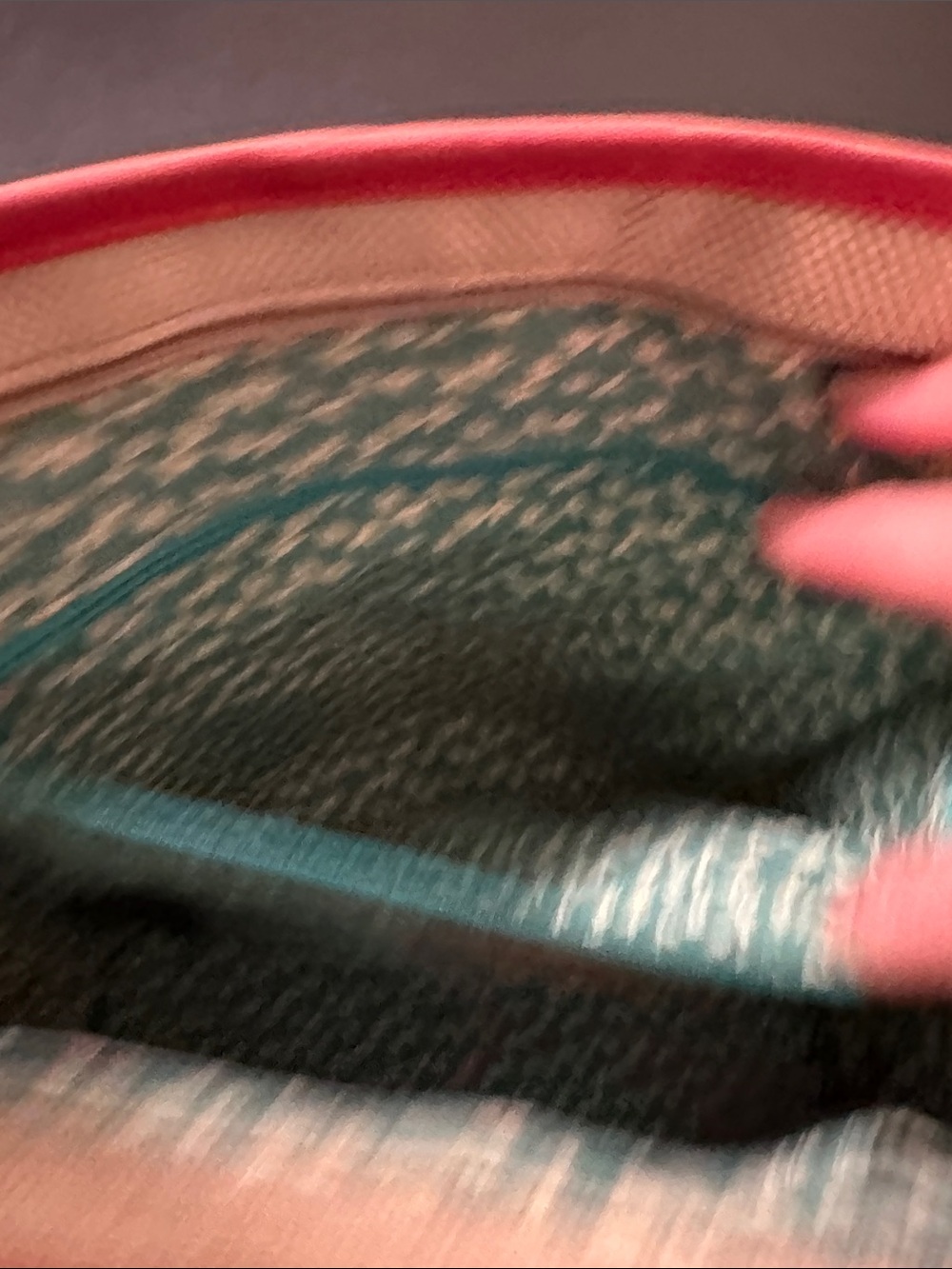 Fossil Beige Canvas Tote with Teal Polka Dots and Brown Leather Handles - Picture 5 of 8